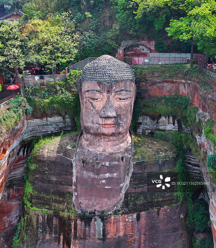 四川省乐山市世界文化自然遗产乐山大佛航拍图片素材
