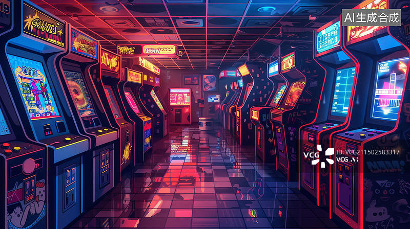 【AI数字艺术】一个装有各种街机游戏的复古街机厅图片素材