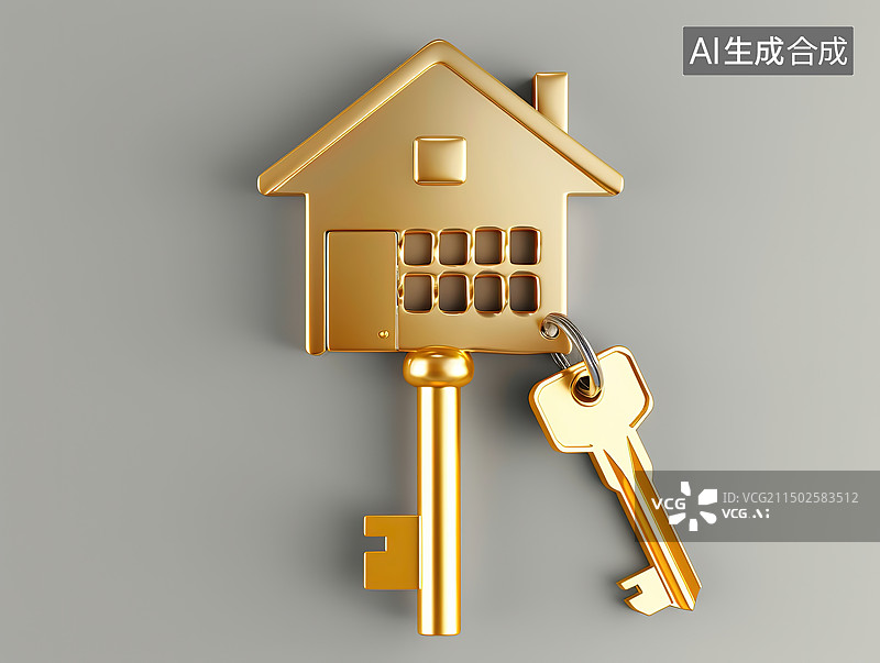 【AI数字艺术】灰色背景下的房子钥匙特写镜头图片素材