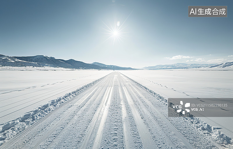 【AI数字艺术】雪山脚下带有车辙的弯曲路面图片素材