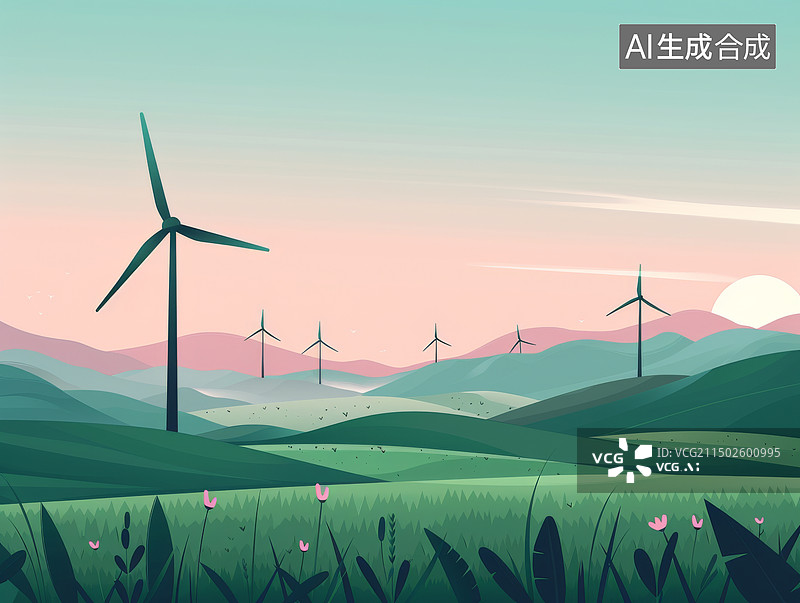 【AI数字艺术】草原上成排的风轮机图片素材