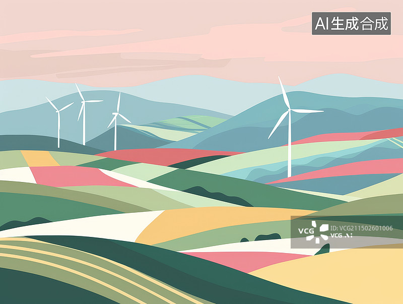 【AI数字艺术】草原上成排的风轮机图片素材