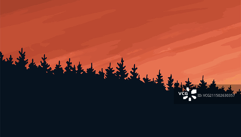红色天空下的针叶林剪影图片素材