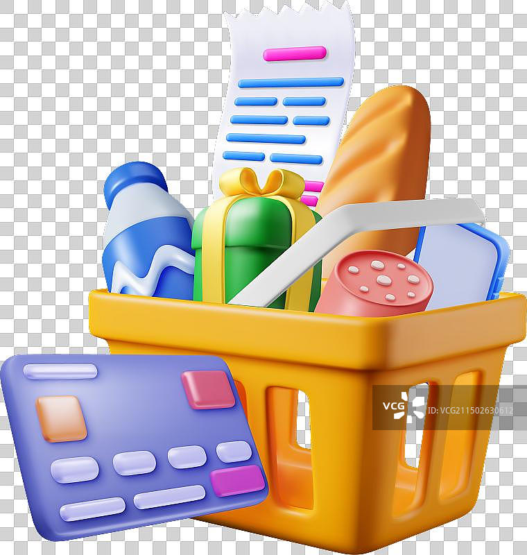 带有银行卡和收据的3D购物篮图片素材