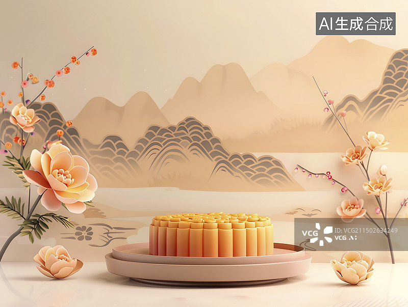 【AI数字艺术】粘土风格的中秋节室内盘子里的月饼插画图片素材