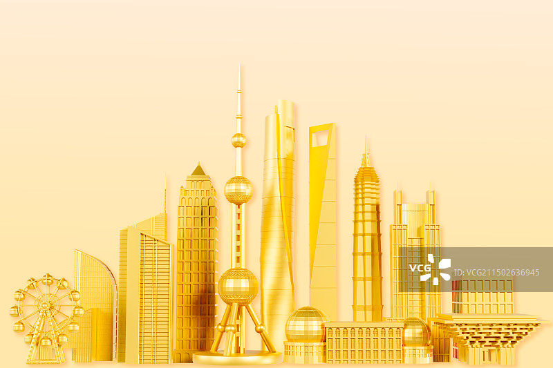3D立体金色上海城市地标建筑上海插画图片素材