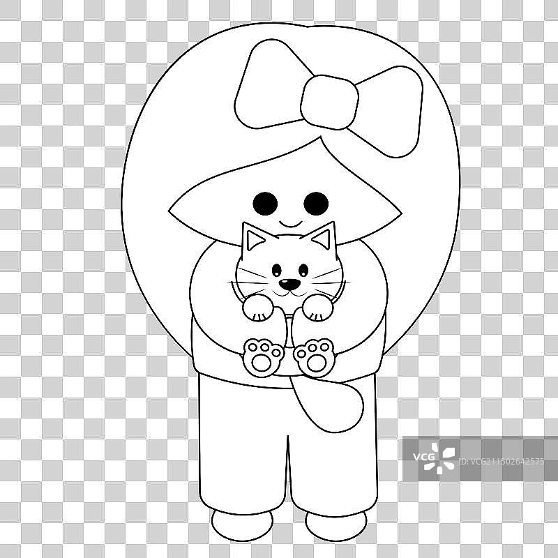 黑白风格的抱猫可爱卡通女孩图片素材