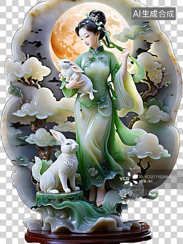 【AI数字艺术】免抠图素材玉雕工艺品仙女玉兔图片素材