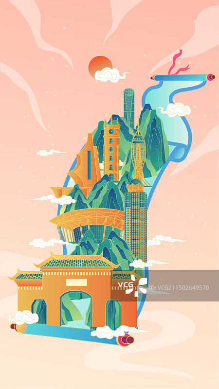 海南海口卷轴山水画中国风城市复古打卡地标旅游建筑群图片素材