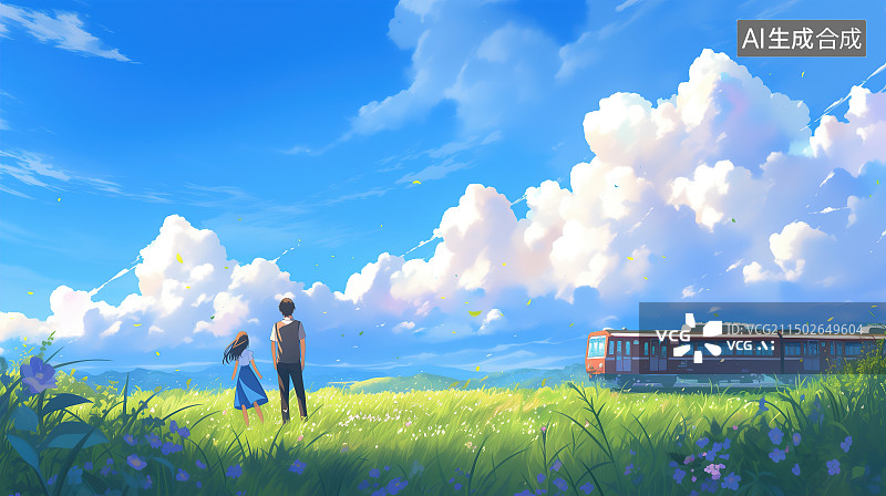 【AI数字艺术】蓝天白云下的人或情侣和公交车图片素材