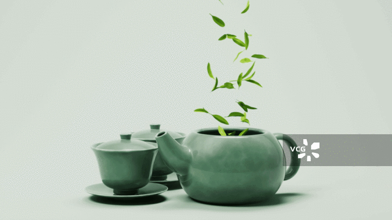中国风茶壶茶杯与茶叶三维渲染图片素材