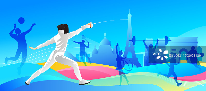 2024巴黎奥运会中国运动员人物矢量插画海报图片素材