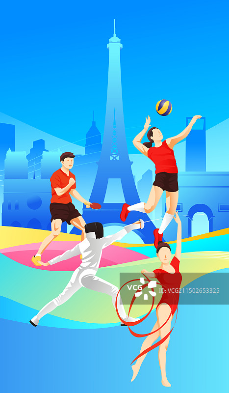 2024巴黎奥运会中国运动员人物矢量插画海报图片素材