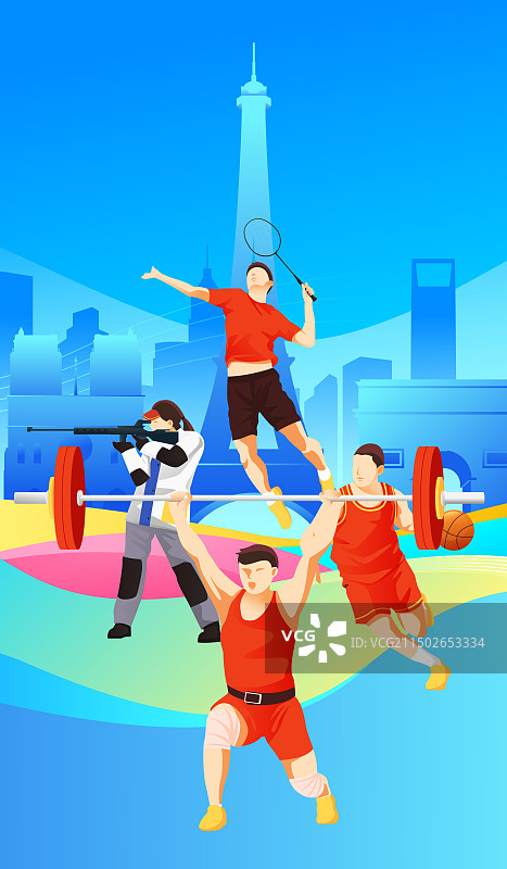 2024巴黎奥运会中国运动员人物矢量插画海报图片素材