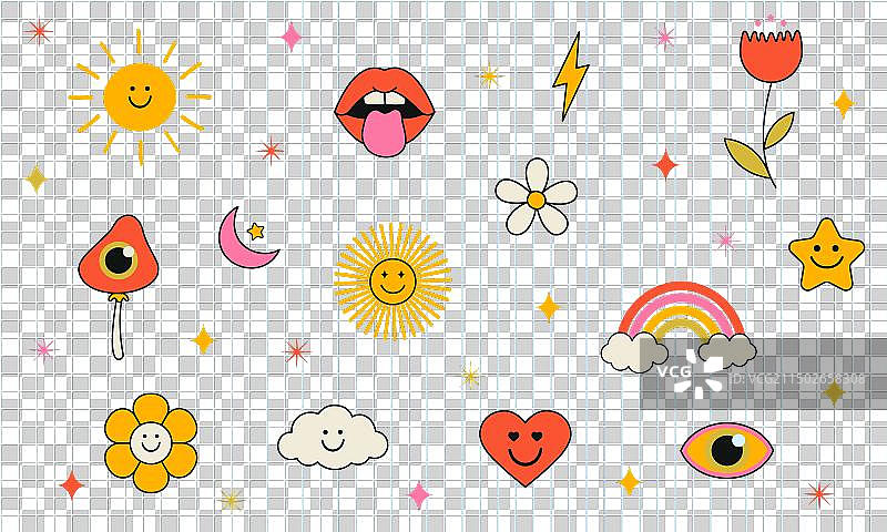 时髦嬉皮士70年代卡通花朵套装图片素材