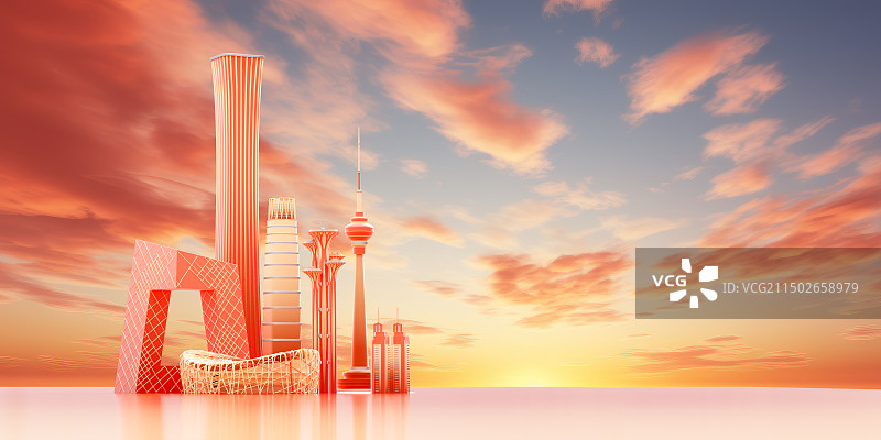 3D金红色系北京地标建筑城市地平线插图图片素材