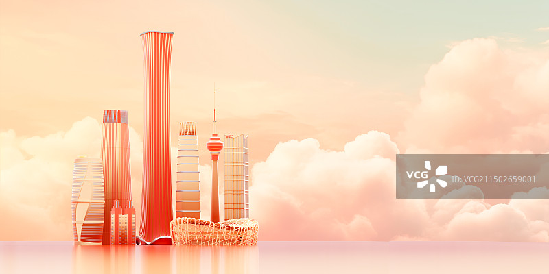 3D金红色系北京地标建筑城市地平线插图图片素材