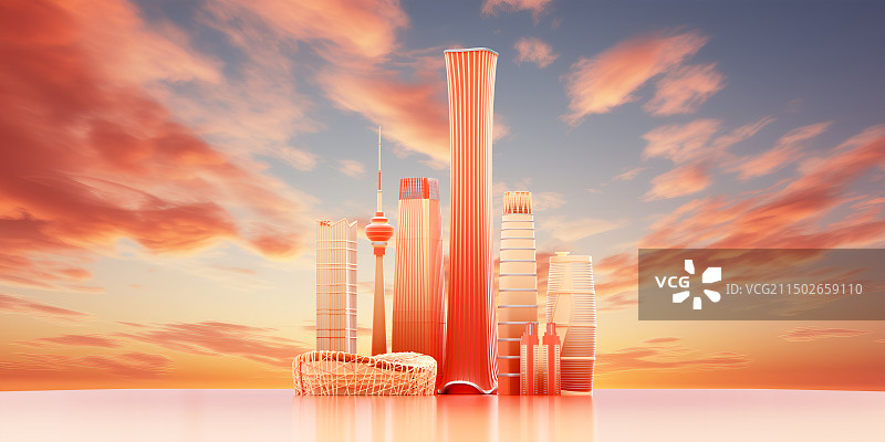 3D金红色系北京地标建筑城市地平线插图图片素材