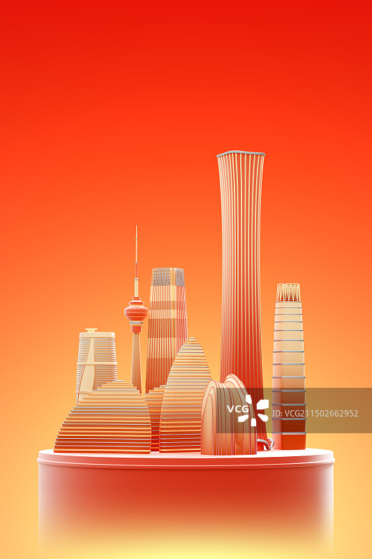 3D金红色系北京地标建筑城市地平线插图图片素材