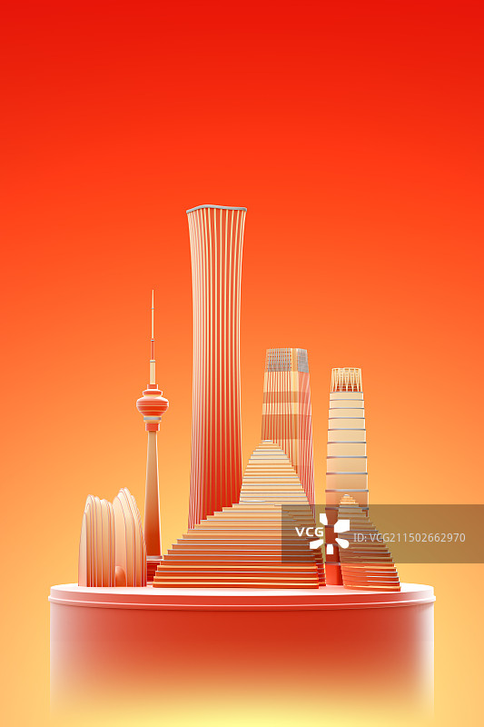 3D金红色系北京地标建筑城市地平线插图图片素材