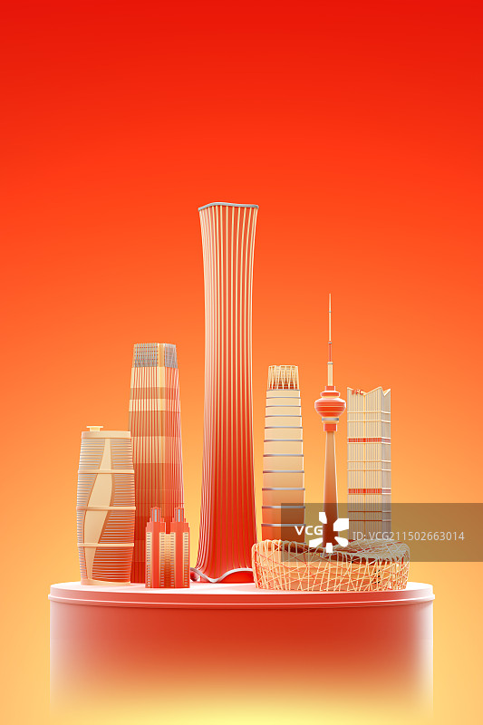 3D金红色系北京地标建筑城市地平线插图图片素材