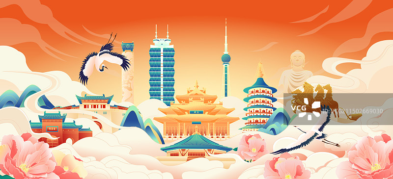 国风洛阳城市地标建筑著名景点矢量插画海报图片素材