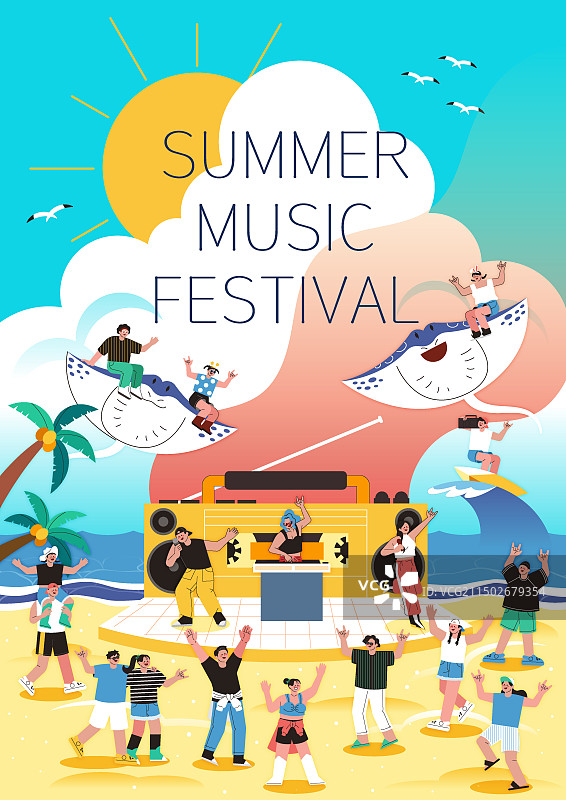 人们在夏季音乐节上欣赏音乐的插画图片素材