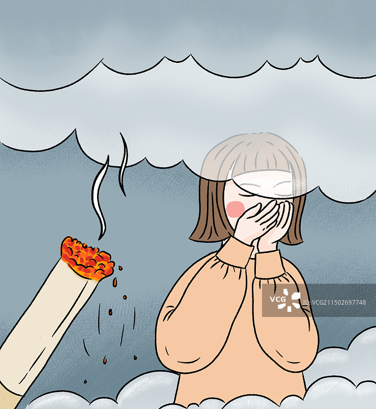 烟雾中女孩双手捂着口鼻插画图片素材
