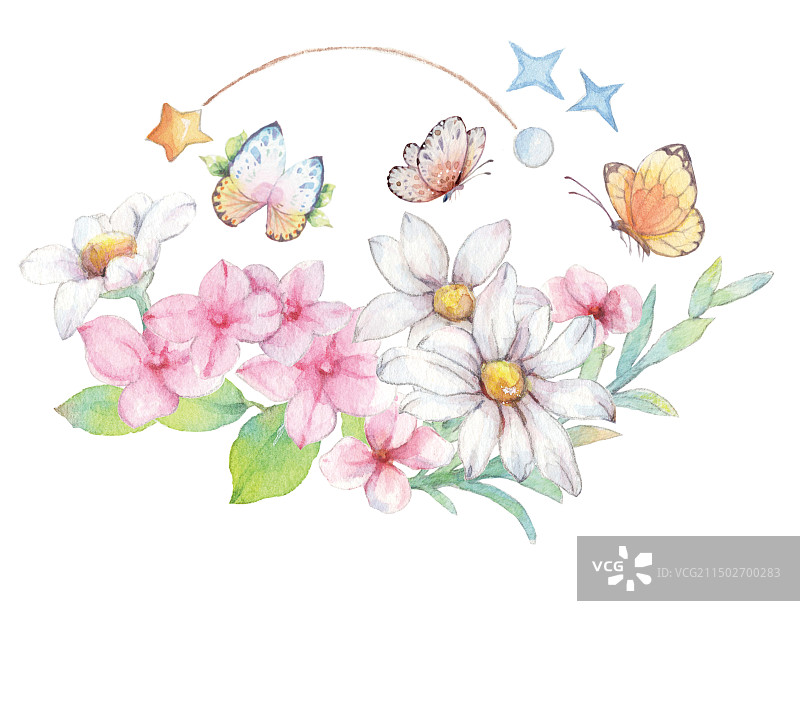 水彩手绘风白色背景下的春天万物复苏花园植物鲜花花朵与彩色蝴蝶的特写镜头插画图片素材