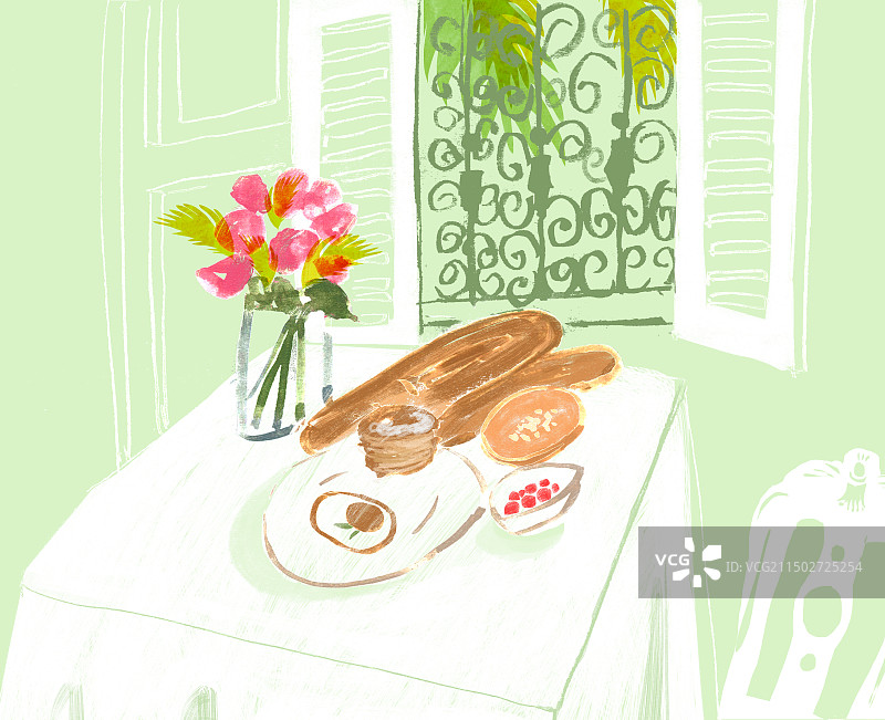 窗前餐桌上的面包和鲜花插画图片素材