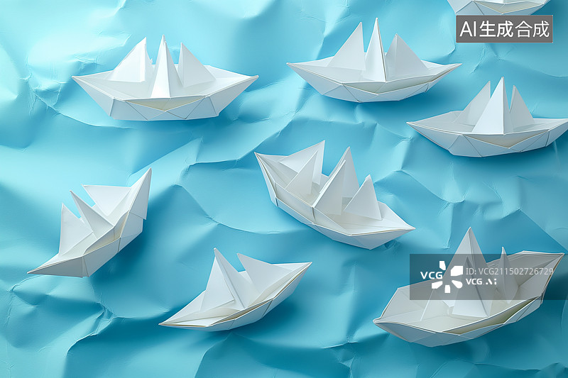 【AI数字艺术】在蓝色浪尖上小小的纸船乘风破浪图片素材