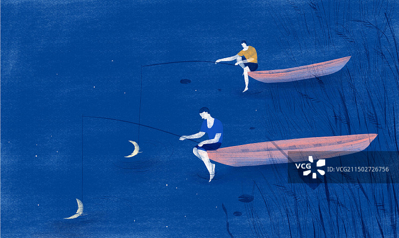 水中钓月亮的人插画图片素材