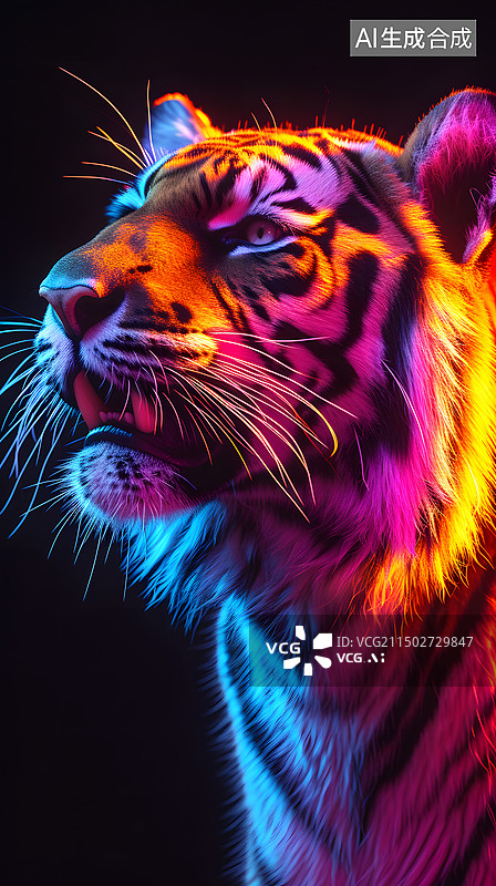 【AI数字艺术】七彩光下的老虎特写摄影图片素材