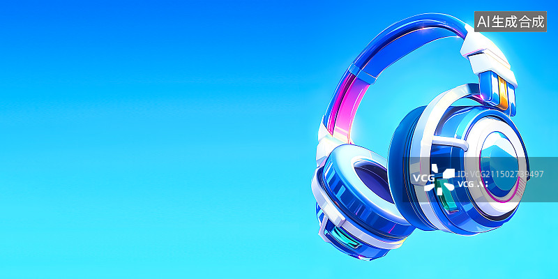 【AI数字艺术】蓝色头戴耳机，3D渲染风格，仰视特写镜头，B端立体图标设计元素图片素材