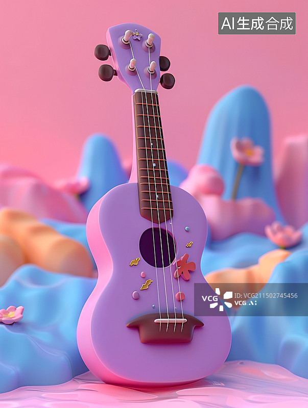 【AI数字艺术】吉他3D卡通风格音乐节娱乐乐器元素图片素材