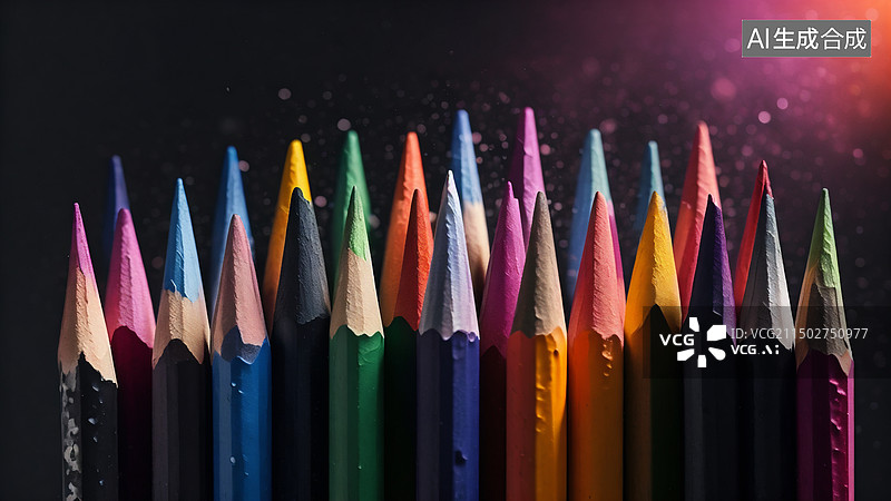 【AI数字艺术】黑色背景下彩色铅笔的特写镜头图片素材