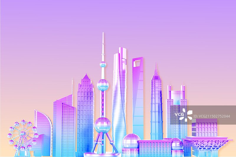 3D立体蓝色上海城市地标建筑上海插画图片素材