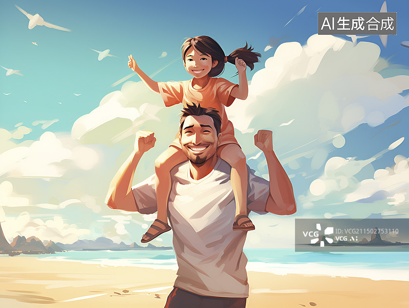 【AI数字艺术】父亲带着孩子在海边开心的游玩图片素材