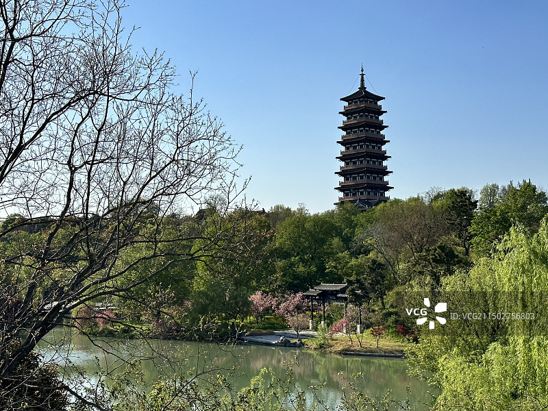 扬州瘦西湖看到的大明寺栖灵塔图片素材