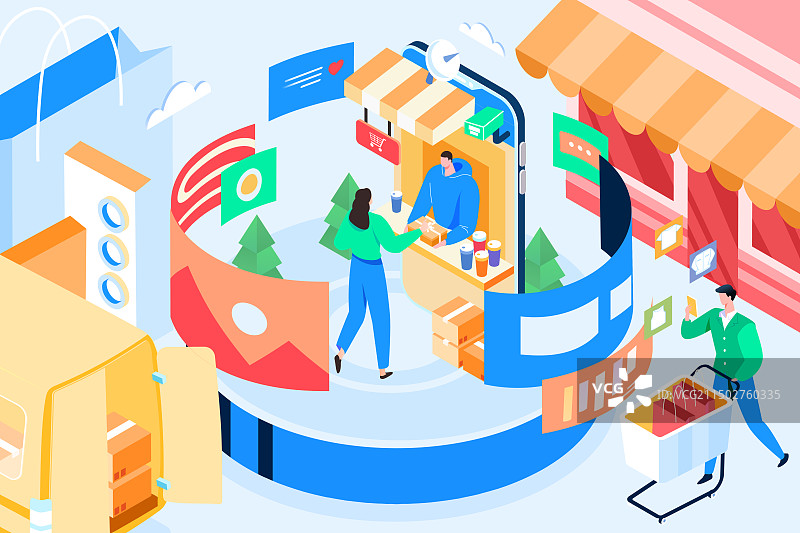 卡通2.5D等距金融借贷6G互联网科技商务远程办公出行打车汽车消费购物电商城市商城网购渐变矢量插画图片素材