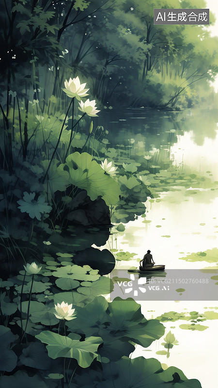 【AI数字艺术】夏至节气夏天森林小河中漂泊的小木船图片素材