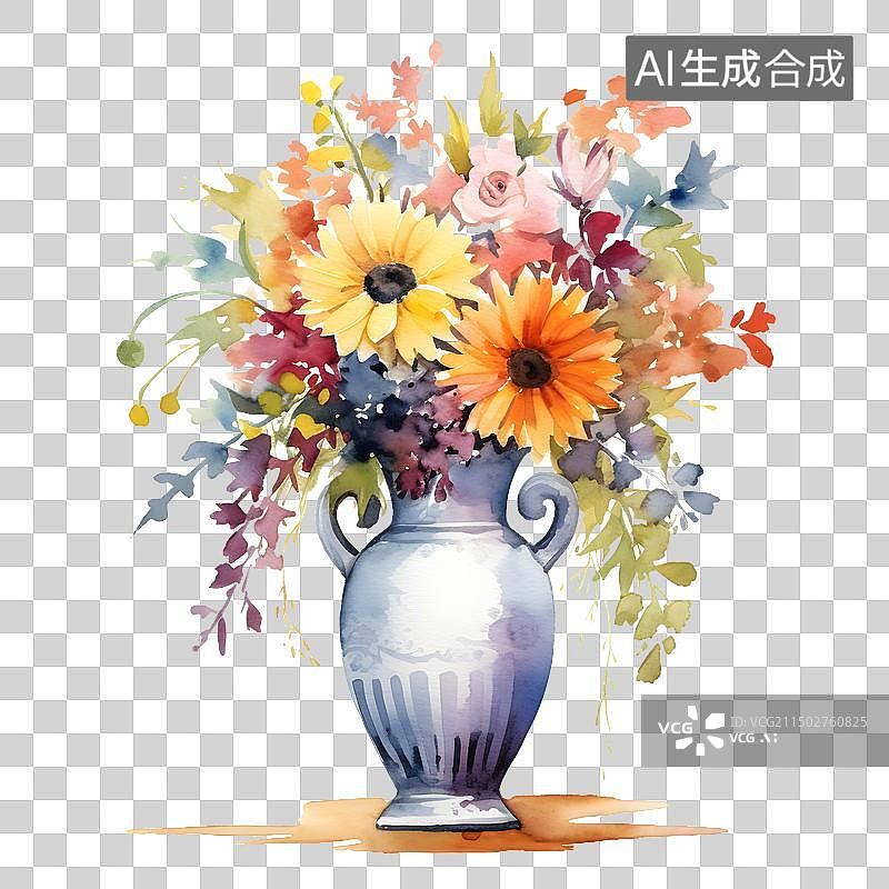 【AI数字艺术】花瓶和花朵 水彩画图片素材
