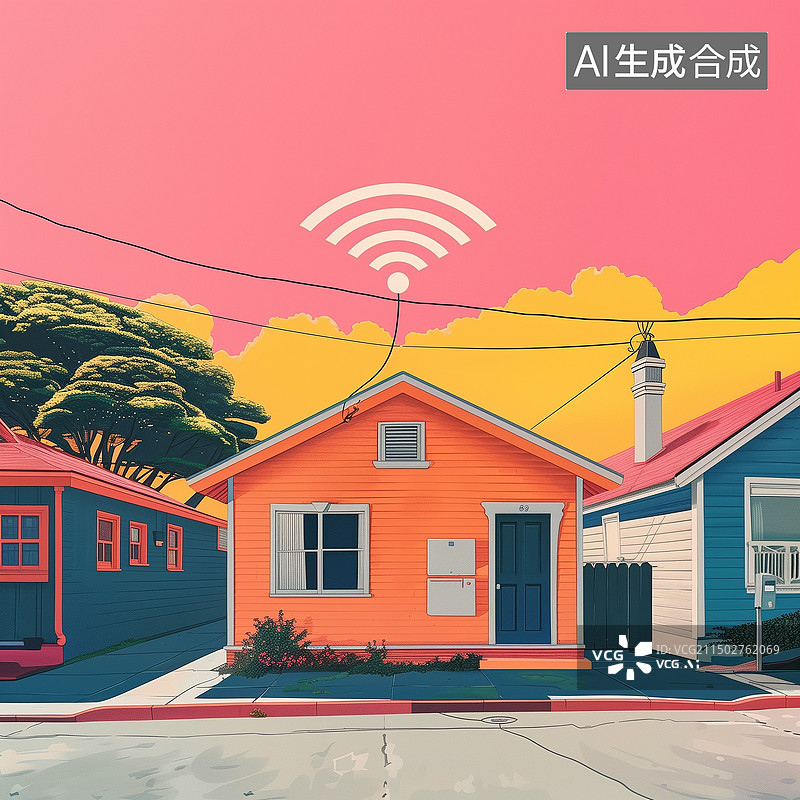 【AI数字艺术】网络信号覆盖下的别墅住宅区 复古风格小镇里的欧式建筑插画图片素材