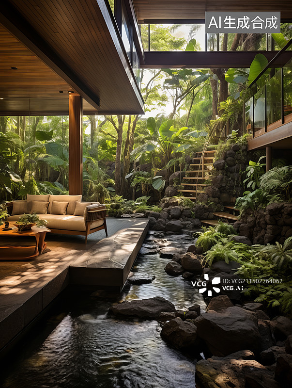 【AI数字艺术】室内外自然融合的现代生活空间图片素材