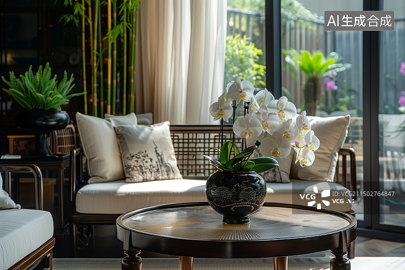 【AI数字艺术】中式家具的桌子上摆着一盆兰花图片素材