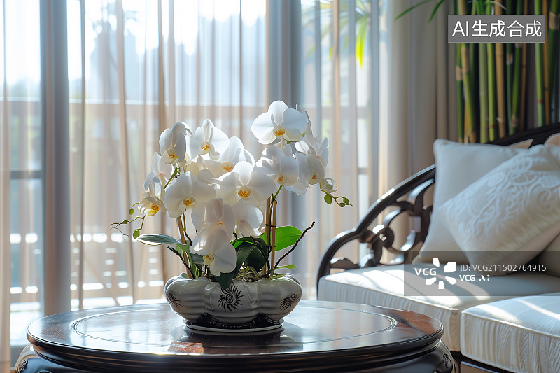 【AI数字艺术】中式家具的桌子上摆着一盆兰花图片素材
