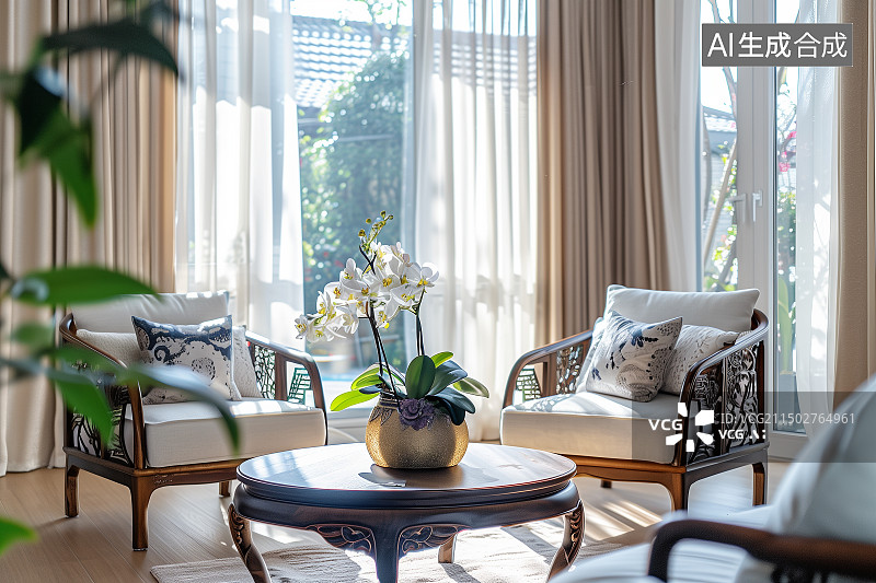 【AI数字艺术】中式家具的桌子上摆着一盆兰花图片素材