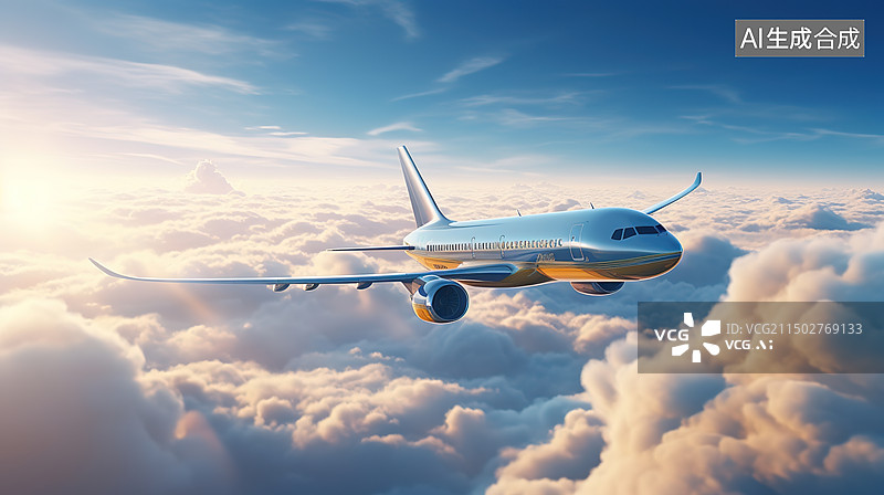 【AI数字艺术】飞机翱翔在蓝天图片素材