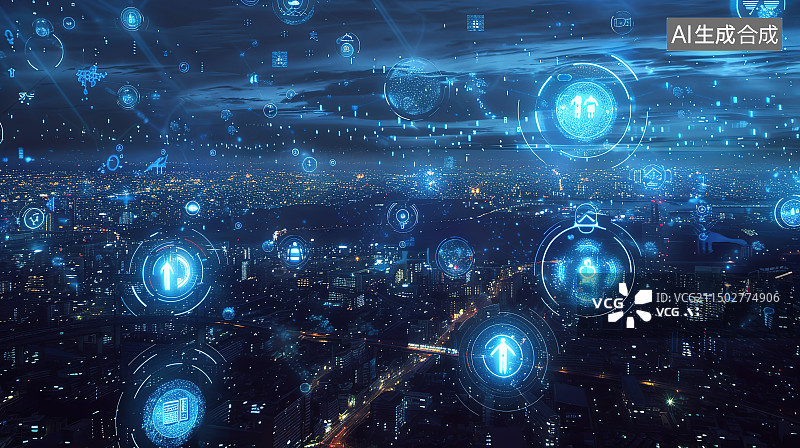 【AI数字艺术】科技互联网概念的城市全景图片素材