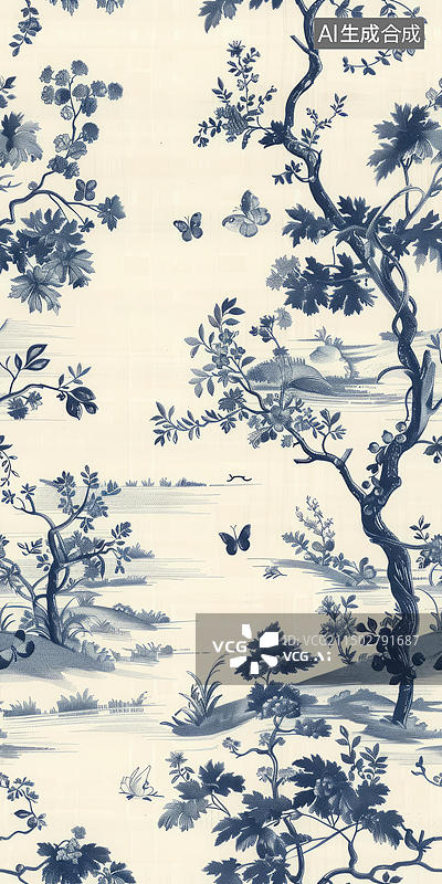 【AI数字艺术】青花瓷风格的风景壁纸带有蝴蝶和鸟类图片素材